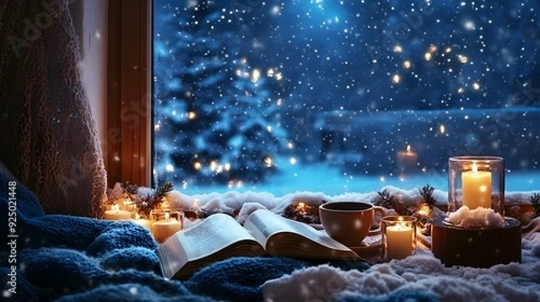 Obraz A cozy scene with an open book, a cup of coffee, and candles on the windowsill overlooking snow falling outside