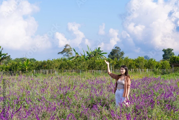 Obraz ラベンダー畑を観光する女性旅行者