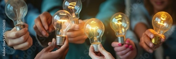 Fototapeta A team holding glowing light bulbs, symbolizing innovation, collaborative ideas, and shared creativity in a warm and inviting atmosphere.