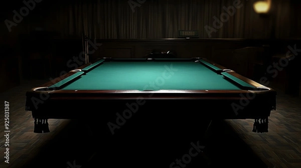 Fototapeta Moody, dark shot of an empty billiard table in a dimly lit room, evoking a quiet, contemplative atmosphere