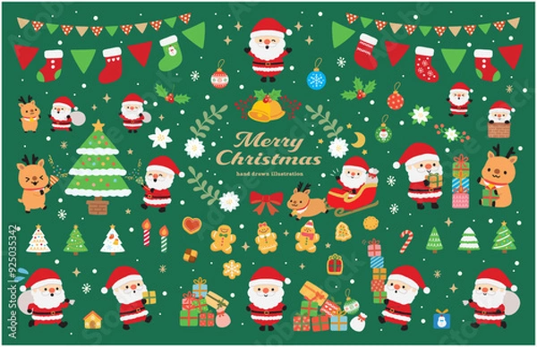 Obraz サンタとトナカイのクリスマスイラストセット（グリーン）