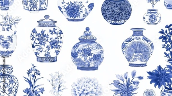 Fototapeta Elegant minimalist marketing poster design, featuring a seamless pattern of traditional Chinese blue and white porcelain motifs, with ample space for text, ultra-high resolution