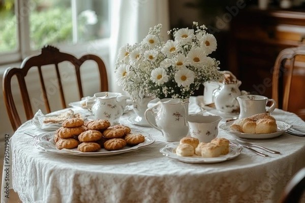 Fototapeta Plates and bowls overflowing with fresh baked cookies on rustic kitchen table