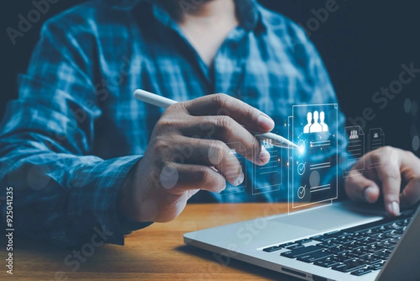 Fototapeta HR or HRM Human Resource management Recruitment resources new career global job search to register resume internet magnifying selective hiring icon,one of employee leading in recruiting opportunities.