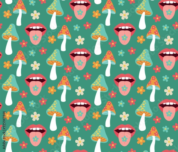 Fototapeta Vector seamless pattern with flowers, mushrooms, mouth and tongue. Colorful hippie background in flat style.	