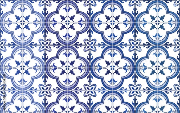 Fototapeta Traditional ornate portuguese tiles azulejos, 4 tone variations in blue. Vintage pattern. Abstract background. Vector illustration, eps. 
