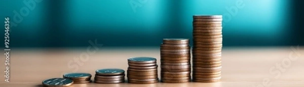 Fototapeta A stack of coins arranged in an ascending order, symbolizing financial growth and investment strategies.