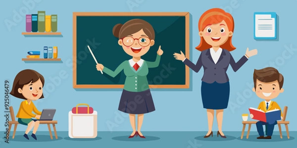 Fototapeta Teacher woman or mancharacter set. Friendly teacher points, poses, writes on the blackboard, looks at the phone, speaks
