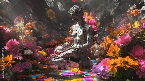Fototapeta Shattered Statue Embraced by Vibrant Floral Rebirth in Digital Artwork