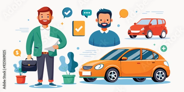 Fototapeta Happy man with a car on a white background in different views. The guy buys, rents, and drives a city hatchback. Insurance and maintenance

