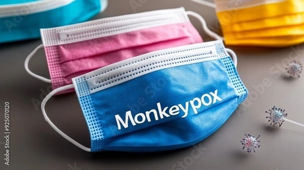 Fototapeta Surgical mask with big word "Monkeypox" prominently displayed