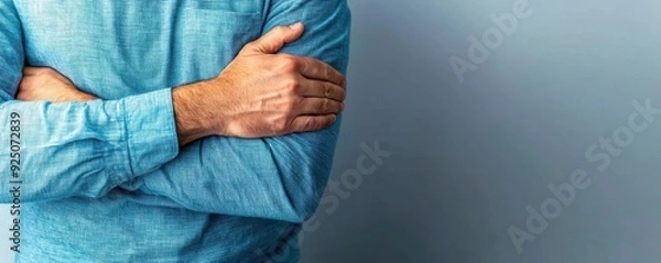 Fototapeta Experiencing Elbow Pain - Person Clutching Elbow with Copy Space for Text