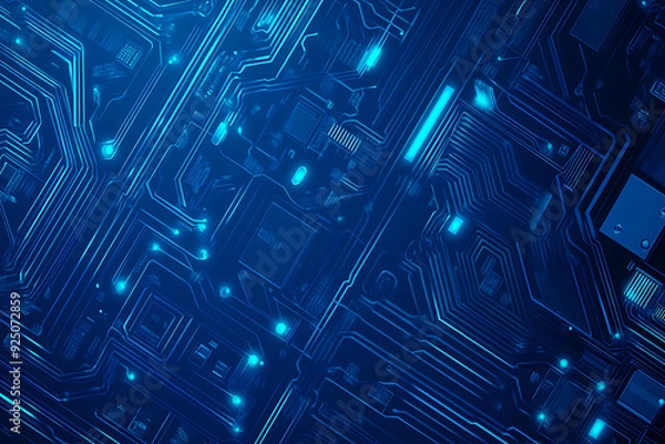 Fototapeta Futuristic vector illustration of a blue circuit board with intricate digital tech elements, perfect for advanced technology backgrounds.
