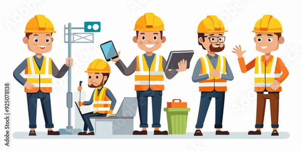 Fototapeta Construction engineer man in a helmet and signal vest. Worker in different poses and actions. Foreman with a tablet, at desktop, rear view

