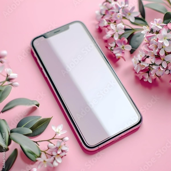 Fototapeta Blank Screen Smartphone on Pink Background with Flowers