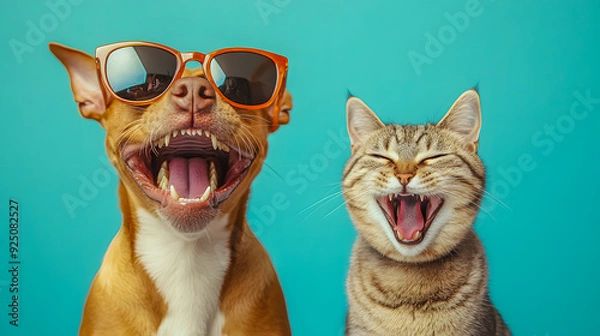 Fototapeta Amusing portrait of a playful cat and dog making exaggerated goofy facial expressions while wearing sunglasses against a vibrant green studio background  The pets have a comedic