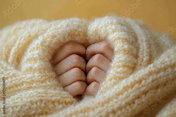Fototapeta A soft, woven blanket with two hands peeking out holding each other, isolated on a pastel yellow background, symbolizing warmth in love,