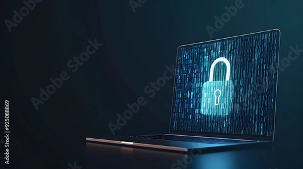 Obraz Laptop with a white lock icon made of binary code representing digital security