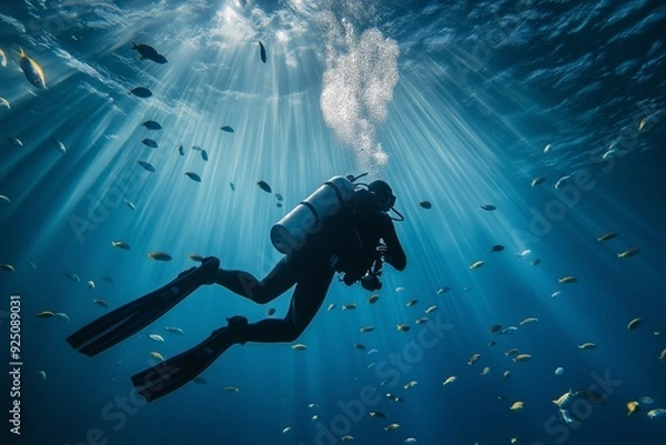 Fototapeta Scuba diver exploring underwater with sunlight rays