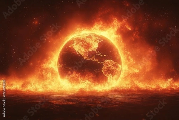 Fototapeta earth engulfed in flames dramatic orange and red hues smoke billowing melting ice caps symbolic representation of global warming and climate crisis