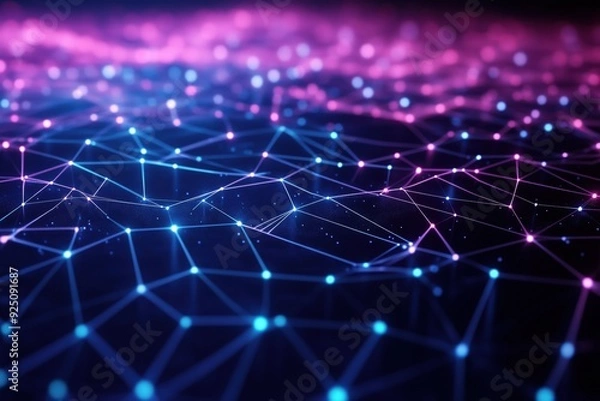 Obraz A vibrant grid of interconnected nodes and lines creating an intricate digital background in purple and blue tones