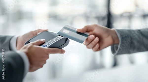 Fototapeta Two hands making an online payment with a credit card, engaged in a digital transaction, showcasing online shopping