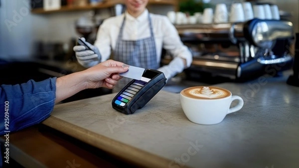 Fototapeta Customers paying with a credit card at the counter of an afternoon coffee shop, completing a transaction, coffee shop setting, payment counter