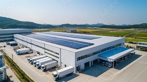 Obraz  In the aerial view of an industrial building with solar panels on its roof, the scene captures a clean and modern warehouse