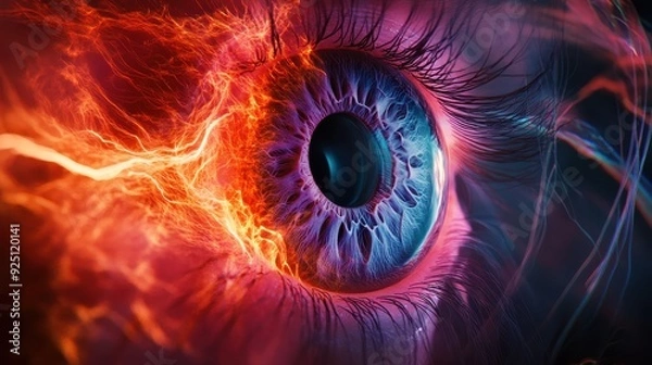 Fototapeta Abstract Close-up of an Eye with Energetic Flames and Glowing Lines - Digital Art.