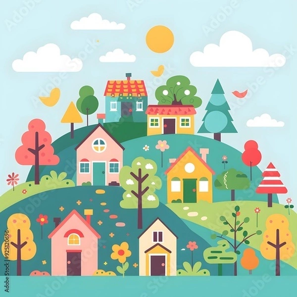 Obraz Colorful Illustration of a Small Town with Houses, Trees, and Flowers
