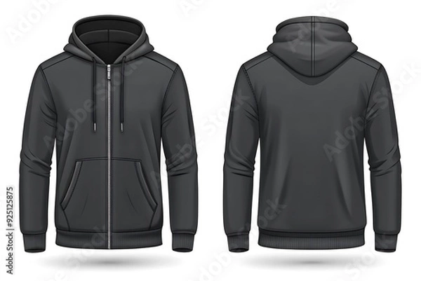 Fototapeta Blank black male hoodie, front and back view, isolated on white background, Mens hoody with hood for your design mockup for print, Template for winter clothes.