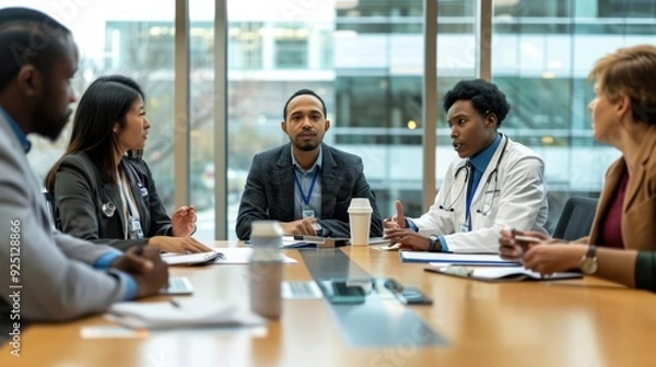 Fototapeta A collaborative meeting scene with diverse healthcare professionals discussing equitable medical access, with a focus on preventing past failures, set in a modern conference room 