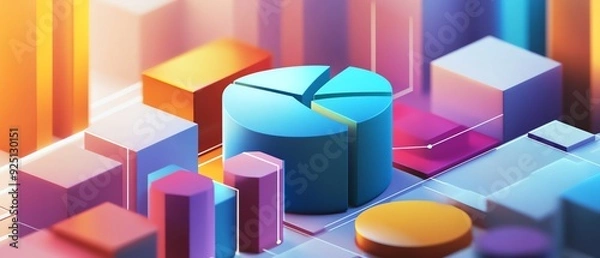 Fototapeta Colorful geometric shapes and a pie chart representing data visualization and analysis in a modern design.