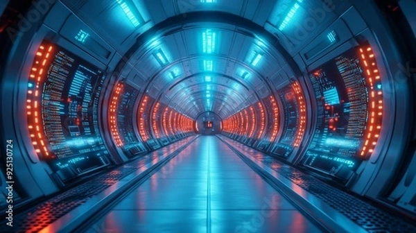 Fototapeta Futuristic sci-fi corridor with neon lights - generative ai