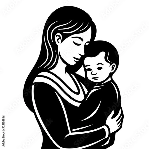 Obraz mother and child isolated on white, mother and child vector illustration, baby vector art, mother and baby silhouette, mother vector icon, mother and child line art, eps