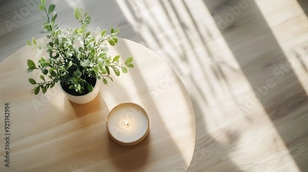 Fototapeta Top view of a cozy wooden table featuring a potted plant and a lit candle, bathed in soft natural sunlight, creating a warm atmosphere.