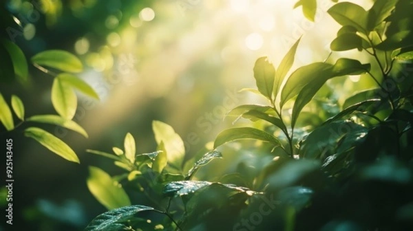 Fototapeta Lush green leaves encircle a bright sunlit background, creating a concept for eco-friendly messaging with copy space