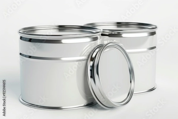 Fototapeta Two closed metal paint cans standing on white background with one open lid