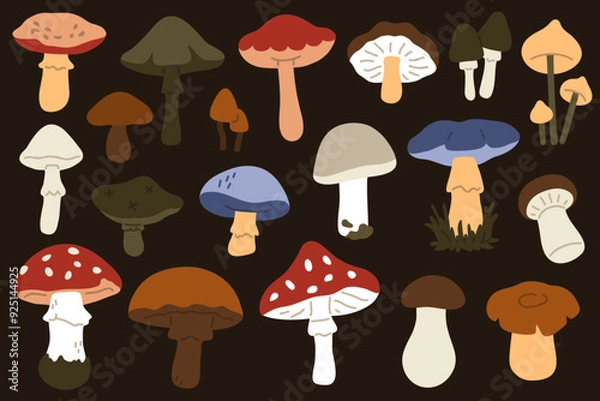 Fototapeta Vector illustration set of cute doodle mushrooms for digital stamp,greeting card,sticker,icon,healthy food design