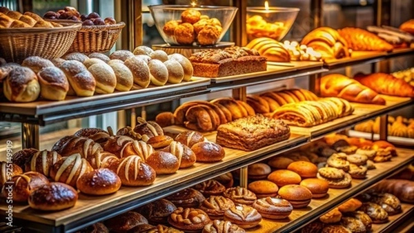 Fototapeta Warmly lit artisanal bakery display case filled with an assortment of freshly baked crusty bread, flaky croissants, and colorful sweet pastries.