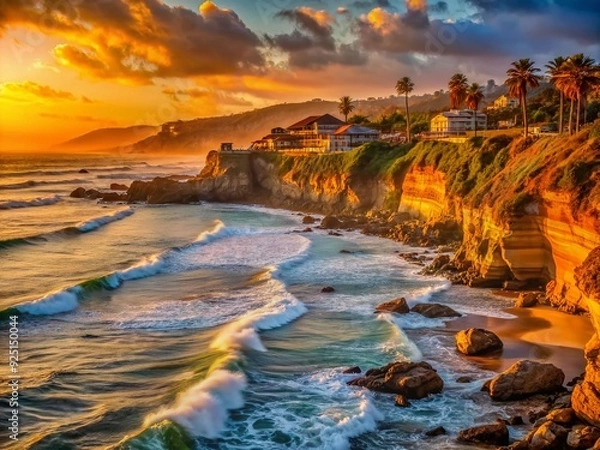 Fototapeta Warm orange hues illuminate the picturesque Laguna coastline at golden hour, with waves gently lapping against rocky shores and misty cliffs in the distance.