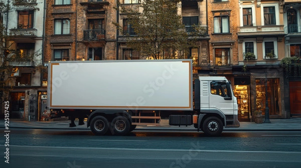 Obraz Empty white truck mockup driving through a bustling city street, the blank side panel ready for branding or advertisement placement, with urban architecture in the background.