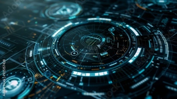 Fototapeta A circle shaped head up display interface target pointer for a futuristic cyber technology concept that incorporates a dark and grainy texture