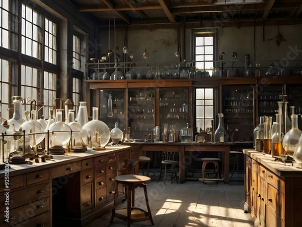 Fototapeta Vintage lab with antique glassware and instruments