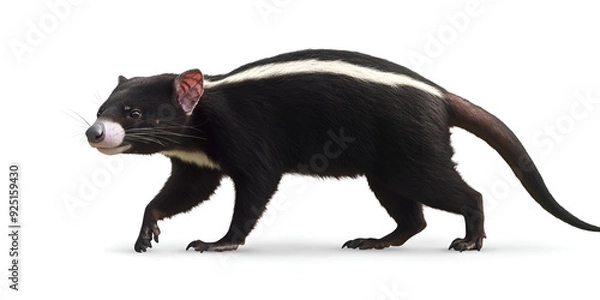 Obraz Realistic Striped Polecat, African Striped Predator, Curious Bushy-Tailed Polecat, Wild African Polecat Exploration, Black and White Wilderness Creature
