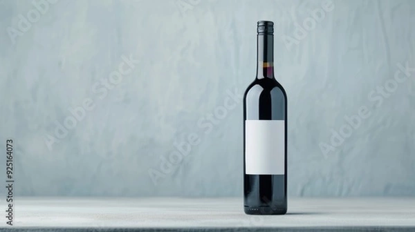 Fototapeta A bottle of red wine is on a table next to a white vase with red berries