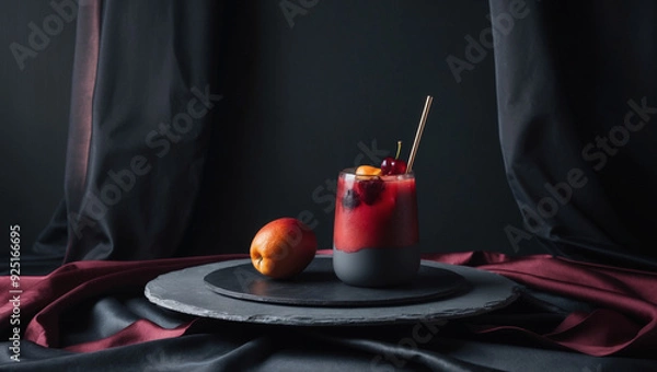 Fototapeta Drink with fruit in dark and moody still life scene with dark plate and background