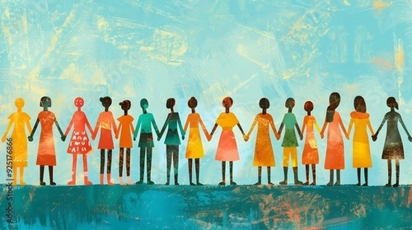 Fototapeta Illustration of Multicultural Unity and Teamwork with Diverse Group Holding Hands in Harmony