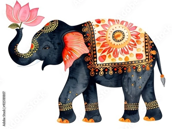 Obraz Ornate Watercolor Indian Elephant with Lotus Flower