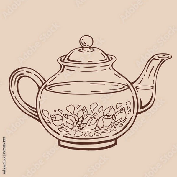 Fototapeta Teapot of tea with rose. Hand drawn vector illustration in outline style.
